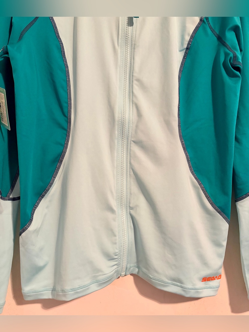 NWT Women’s Sz L Seadoo Full Zip Long Sleeve Swim Rashguard Top Aqua Colorblock - Picture 9 of 16